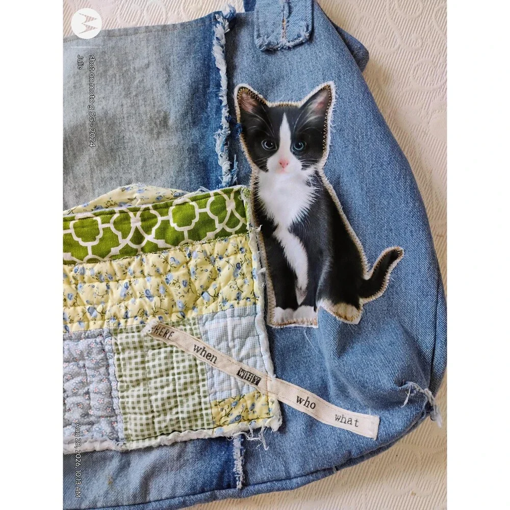 Denim Oversized Tote Bag Patchwork Applique Shoulder Bag Reclaimed Boho Artisana